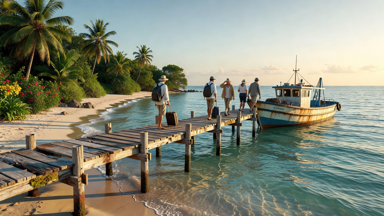 A small island jetty extending towards a transfer boat, illustrating the final stage of an island arrival
