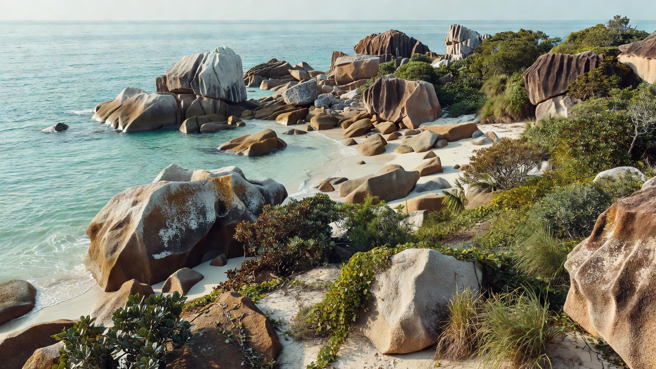 Granite boulders and coastal vegetation on a Seychelles shoreline, illustrating the landscape rather than a private property boundary