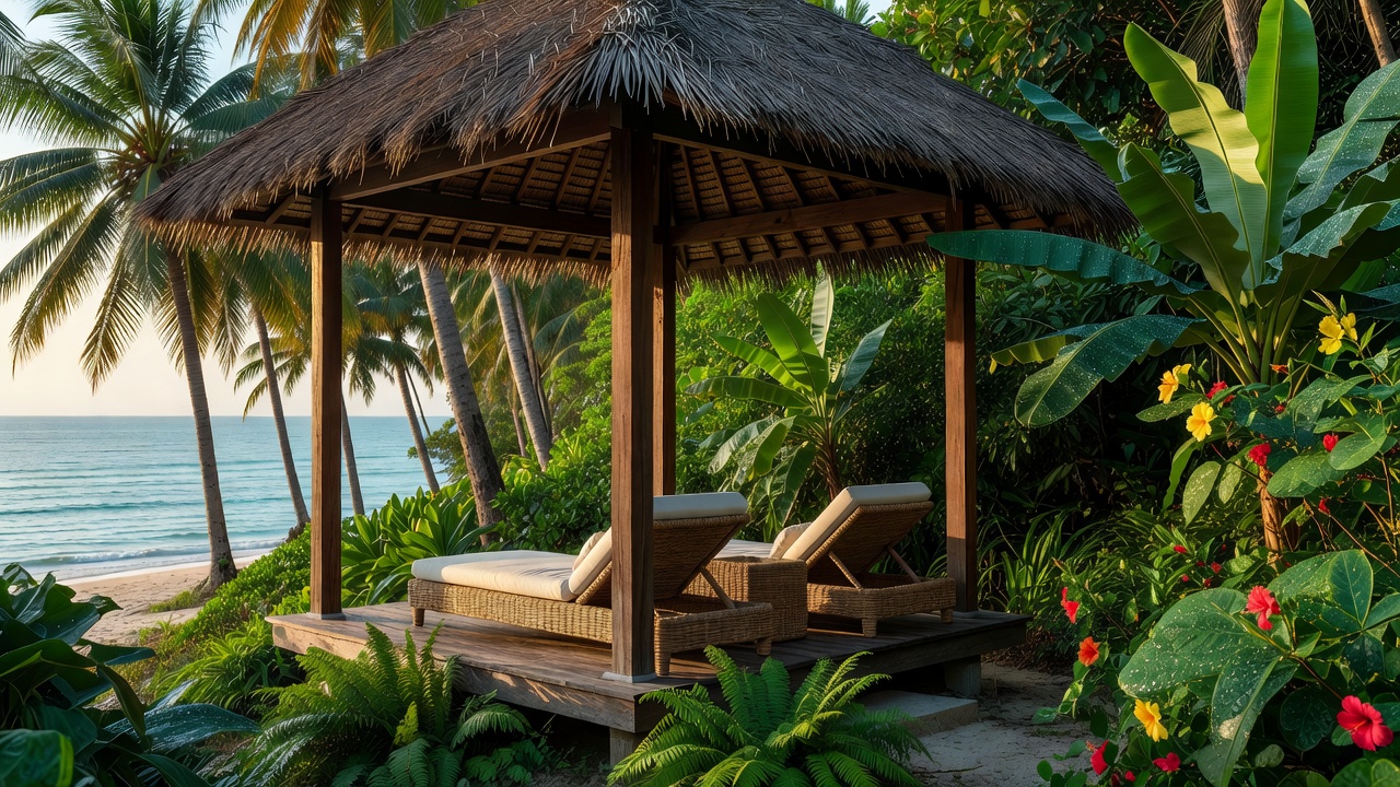 A shaded tropical pavilion beside island vegetation, illustrating a place for quiet time rather than a treatment setting
